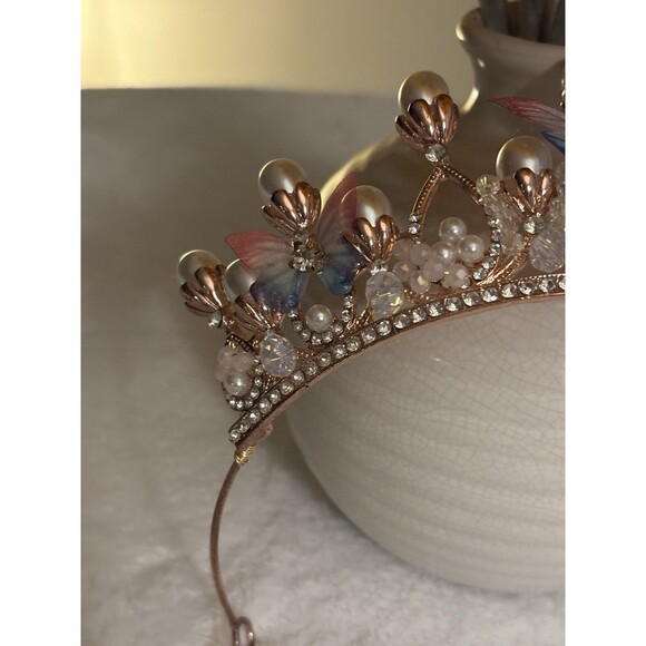 Girl’s Tiara Butterfly Princess Crown Gold Pearl Headband Rhinestone Hairpiece - Picture 5 of 8